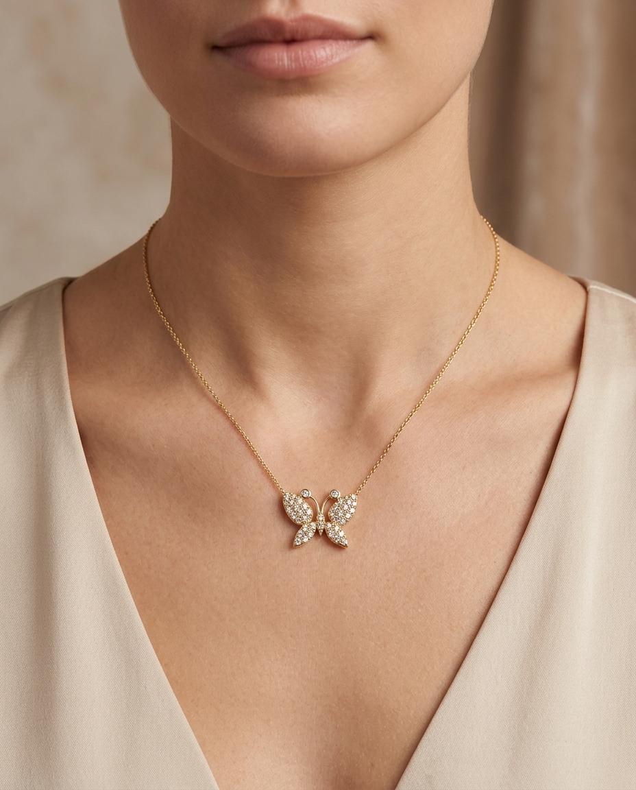 18KT Gold Diamond Butterfly Necklace on model
