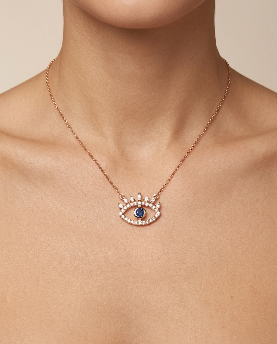 14KT Rose Gold Diamond Evil Eye Necklace on model