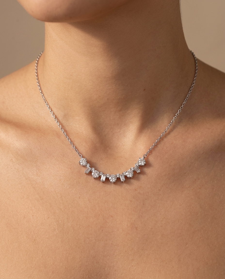 14KT White Gold Diamond Necklace on model