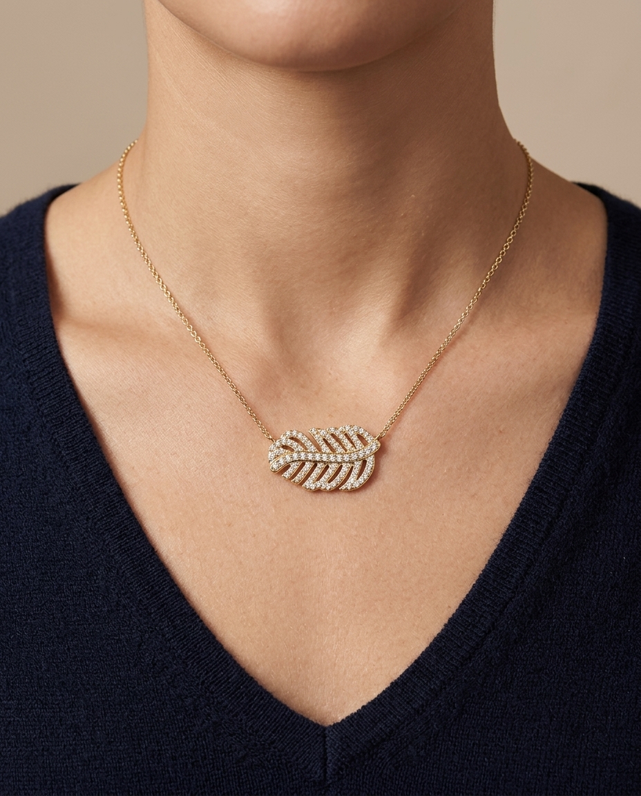 14KT Gold Diamond Feather Necklace on model
