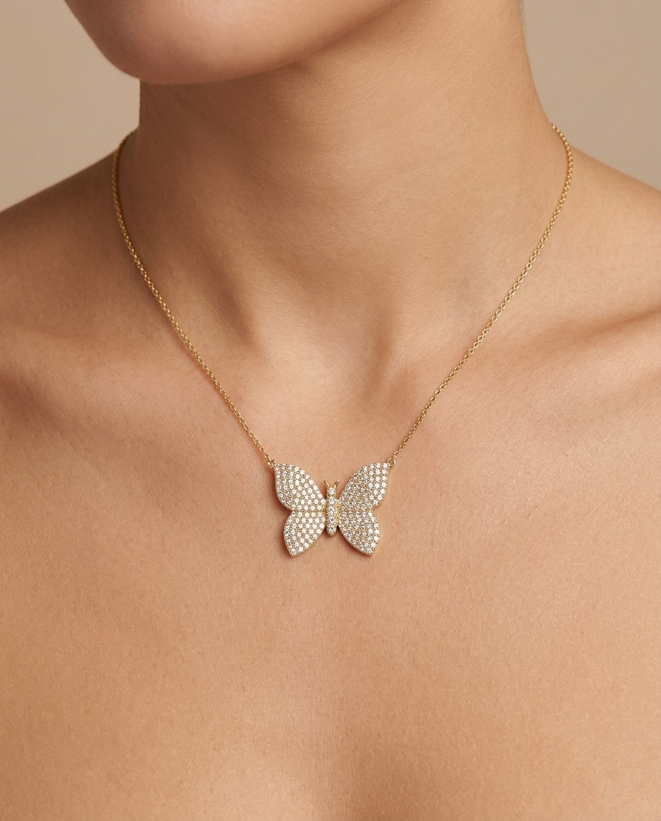 14KT Yellow Gold Butterfly Diamond Necklace on model