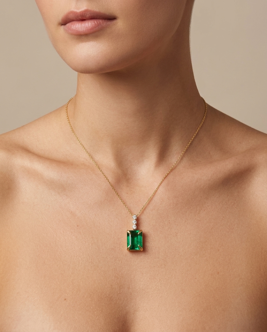 14KT Yellow Gold Green Tourmaline and Diamond Necklace on model