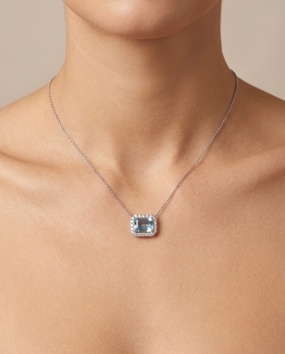14KT White Gold Aquamarine and Diamonds Necklace on model