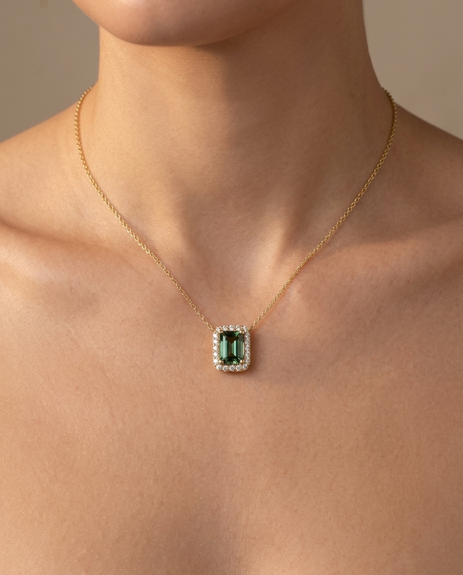 14KT Yellow Gold Tourmaline and Diamonds Necklace on model