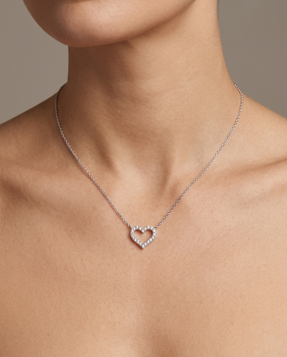 14KT White Gold Diamond Open Heart Necklace on model