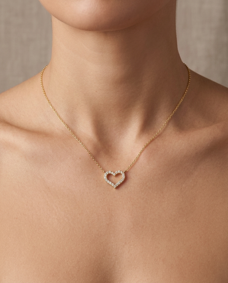 14KT Yellow Gold Diamond Open Heart Necklace on model
