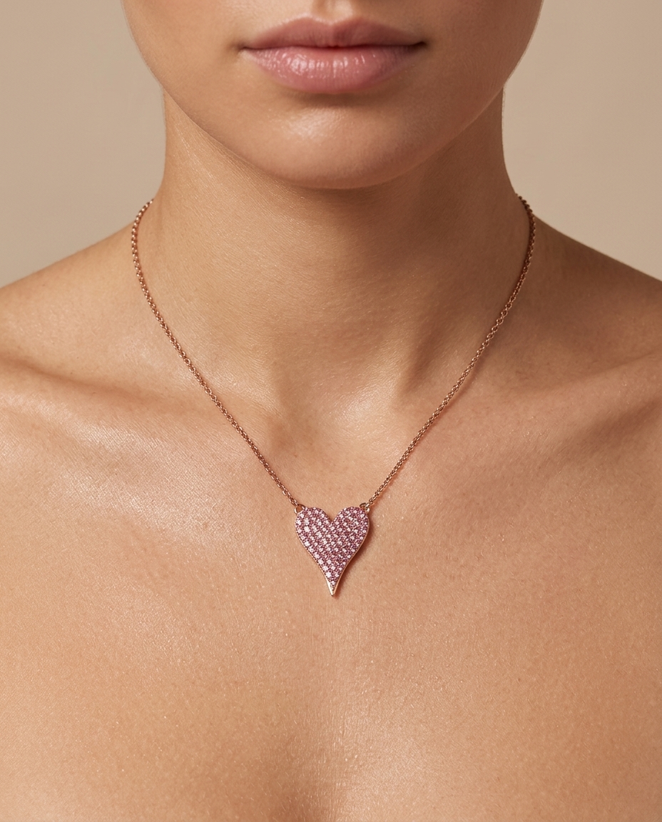 14KT Rose Gold Pink Sapphire Heart Necklace on model