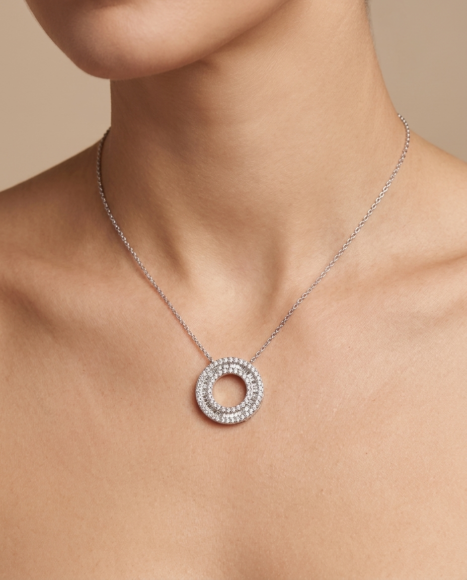 14KT White Gold Diamond Open Circle Necklace on model