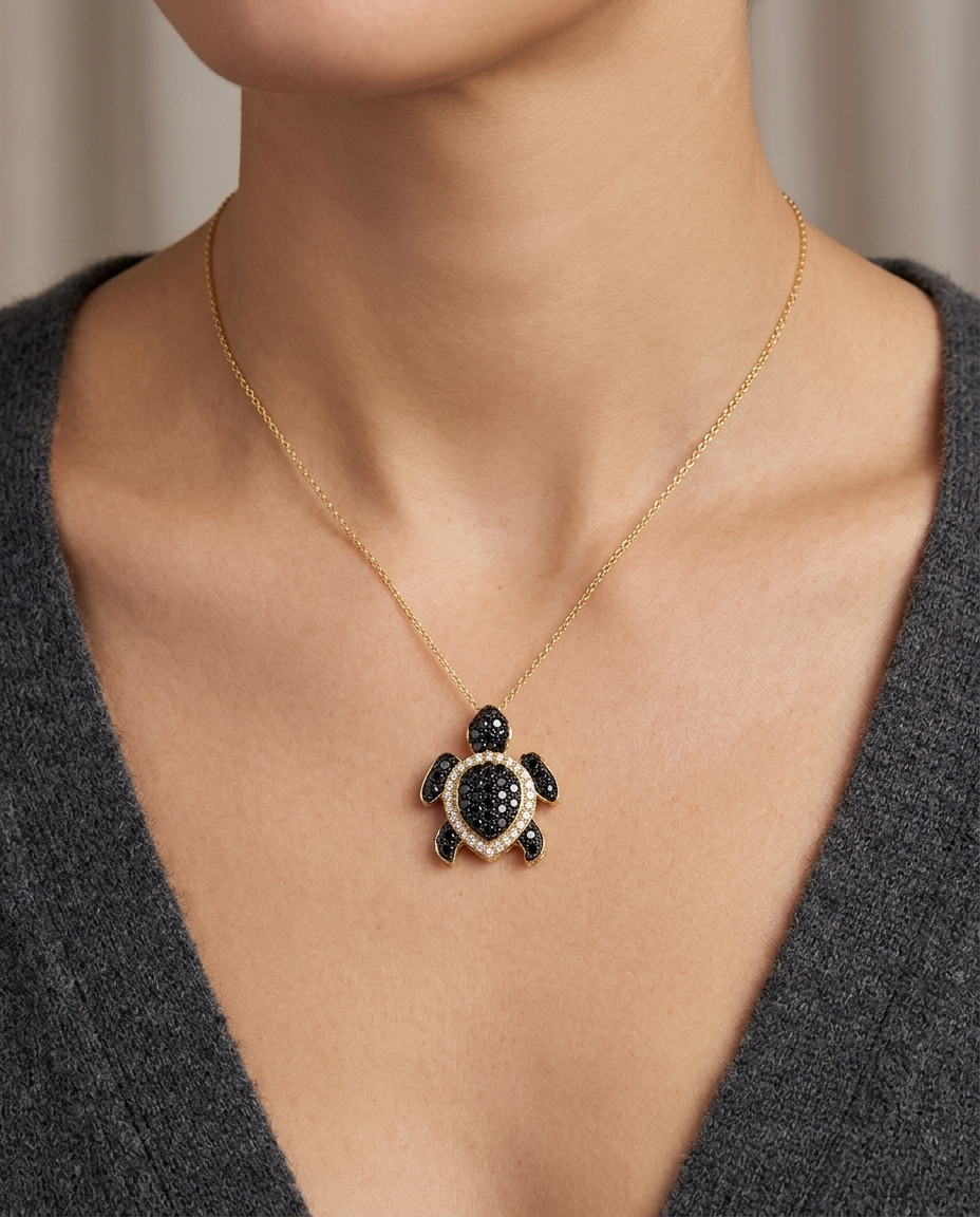 14KT Yellow Gold Black Diamond Turtle Necklace on model