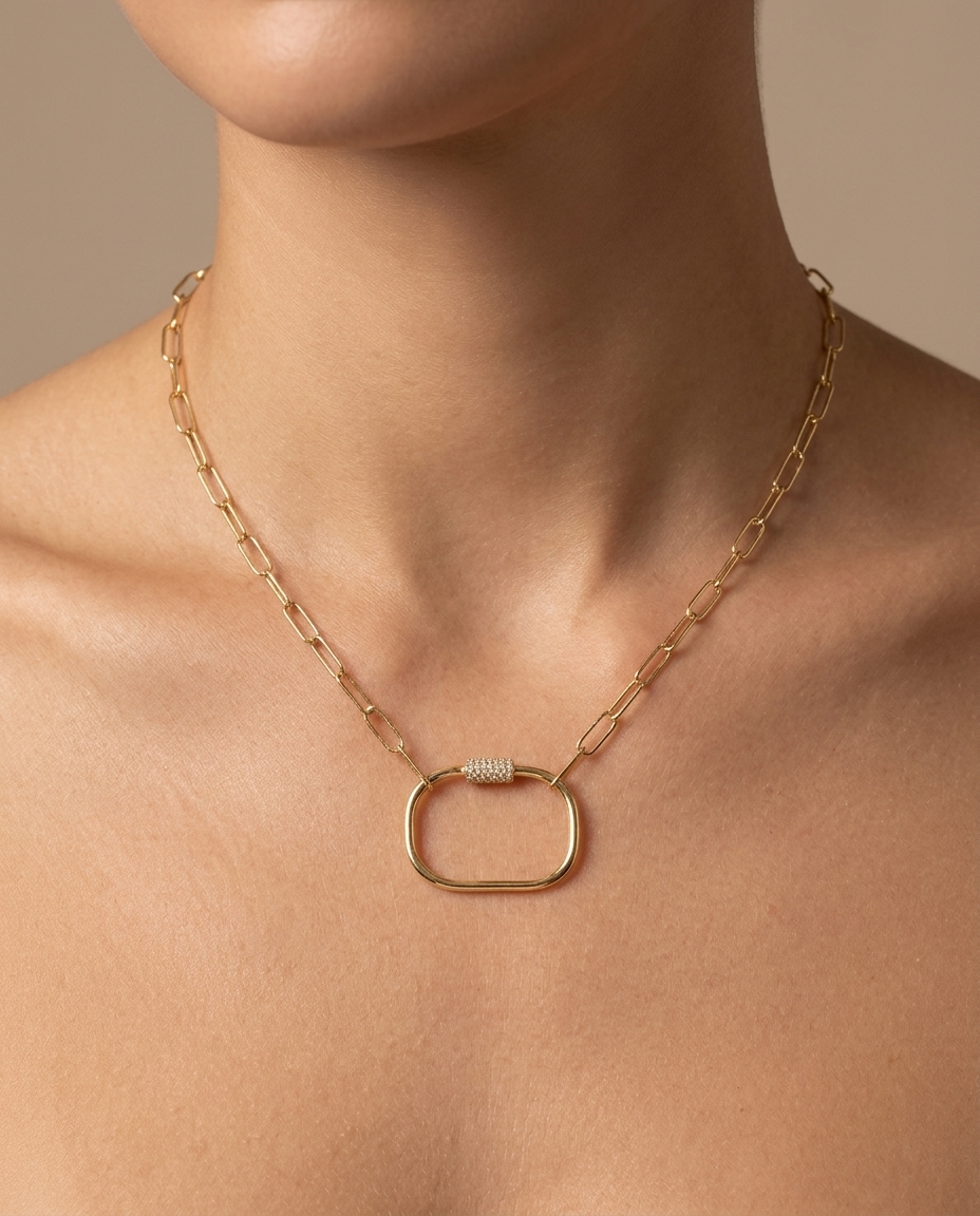 14KT Gold Paperclip Chain with One Diamond Lock Necklace on model