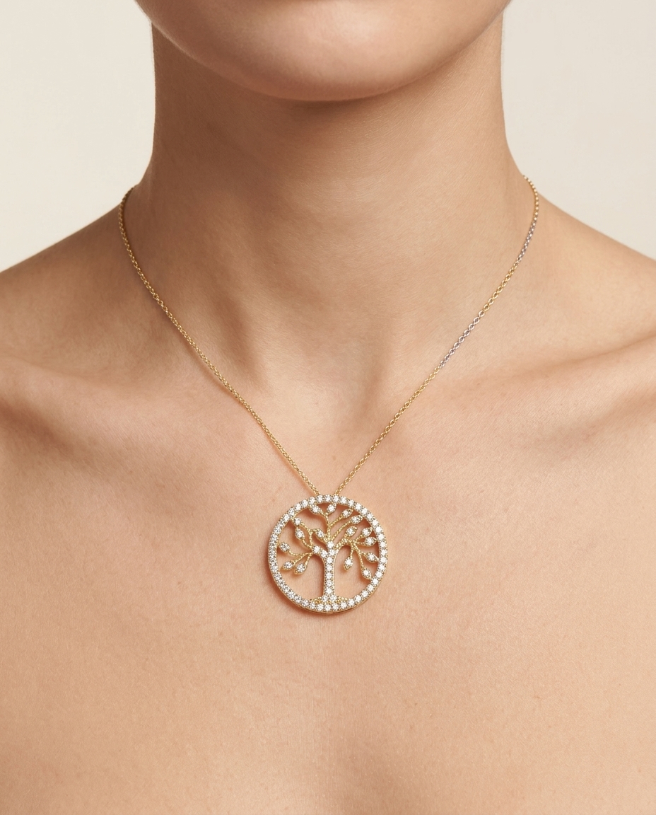 14KT Gold Tree of Life Diamond Necklace on model