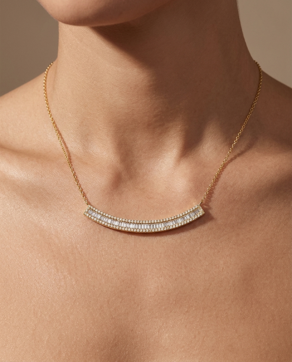 14KT Yellow Gold Baguette Diamond Curved Bar Necklace on model