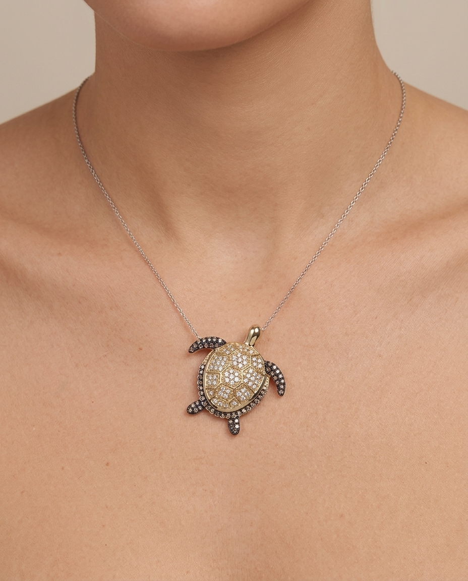 14KT Yellow Gold Brown Diamond Turtle Necklace on model