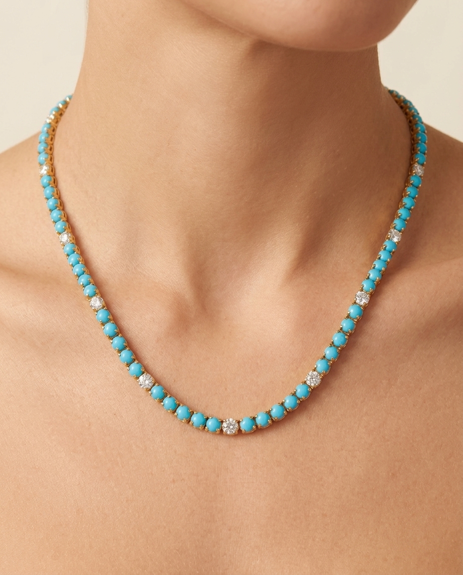 14KT Yellow Gold Turquoise and Diamonds Necklace on model