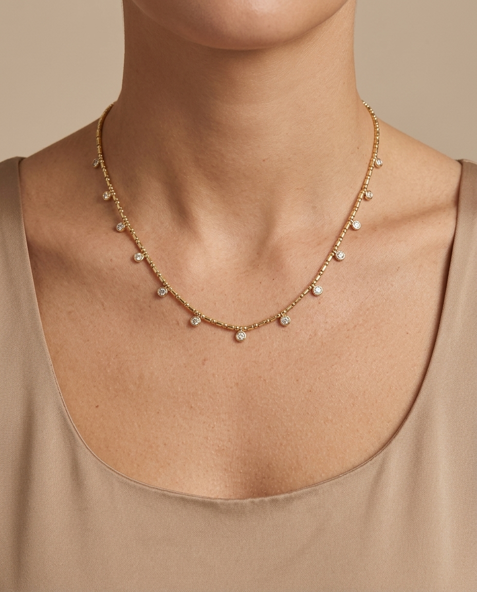 14KT Gold Diamond Dangling Necklace on model