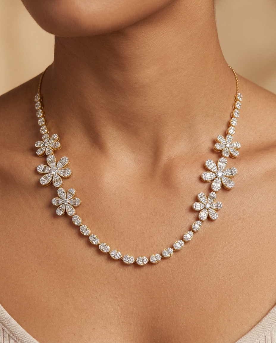 14KT Gold Diamond Flower Necklace on model