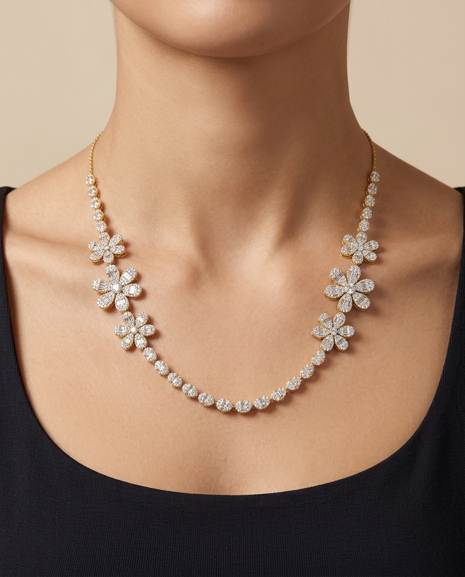 14KT Gold Diamond Flower Necklace on model