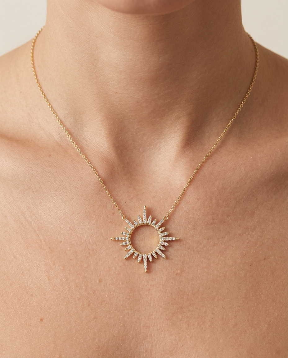 14KT Yellow Gold Diamond Open Sunburst Necklace on model