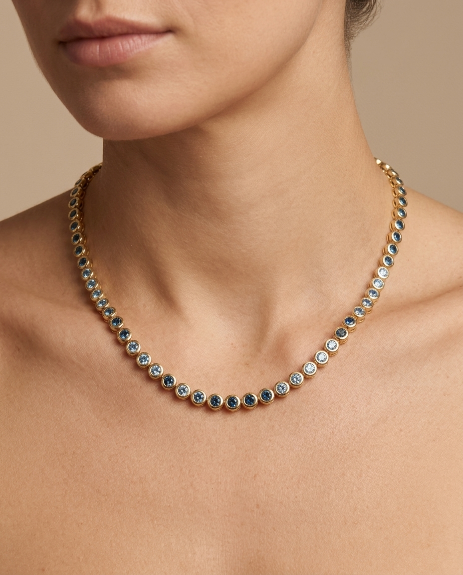 14KT Gold Bezel Blue Diamond Tennis Necklace on model