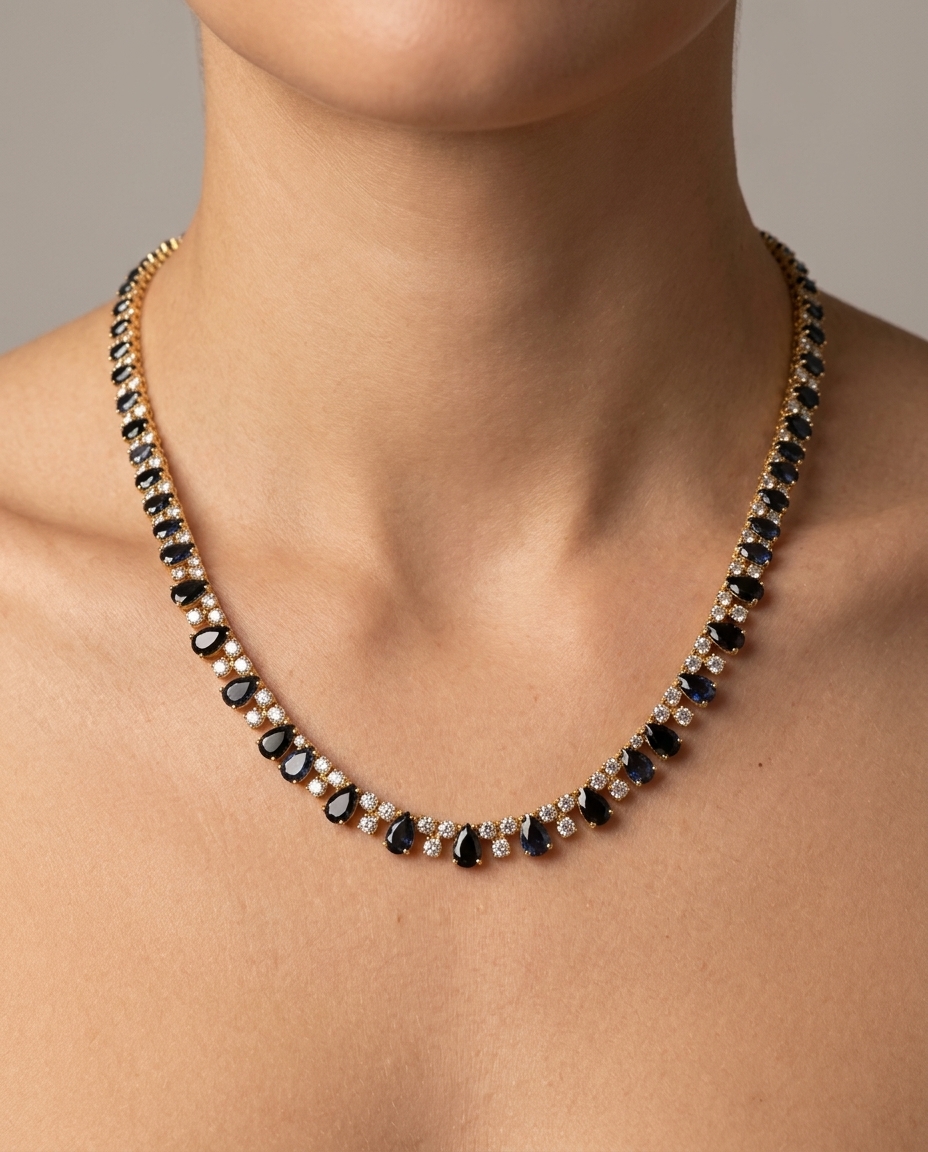 14KT Gold Black Diamond Tennis Necklace 9.00 Cts on model