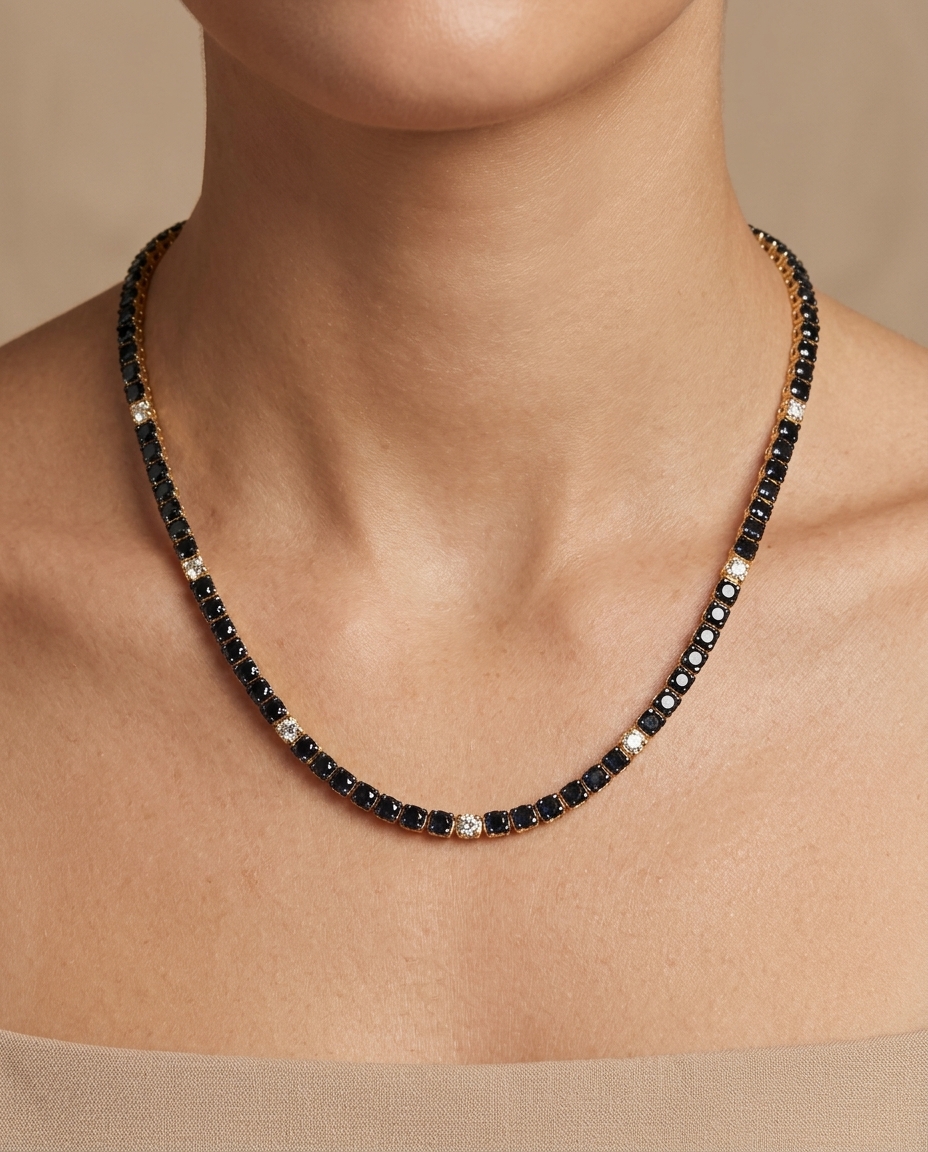 14KT Yellow Gold Black and White Diamond Tennis Necklace on model