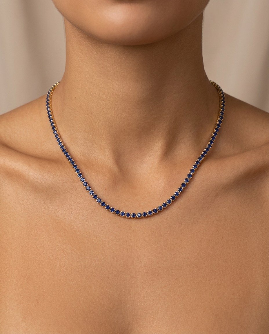 14KT Gold Blue Sapphire Tennis Necklace on model