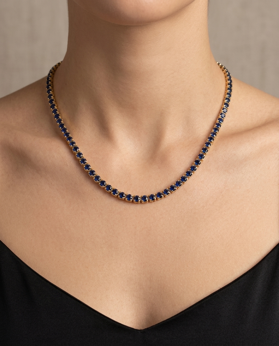 14KT Gold Blue Sapphire Tennis Necklace on model