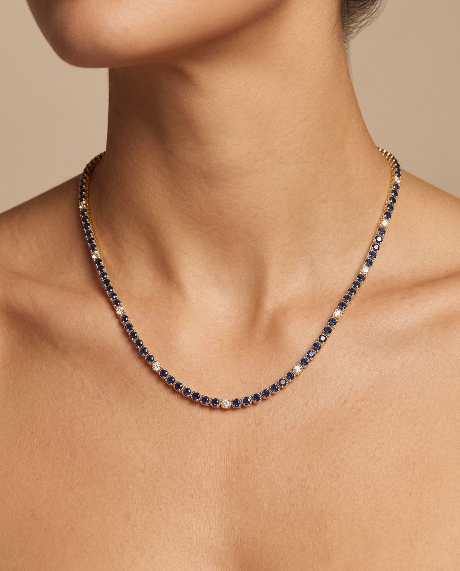 14KT Gold Blue Sapphire and Diamond Tennis Necklace on model