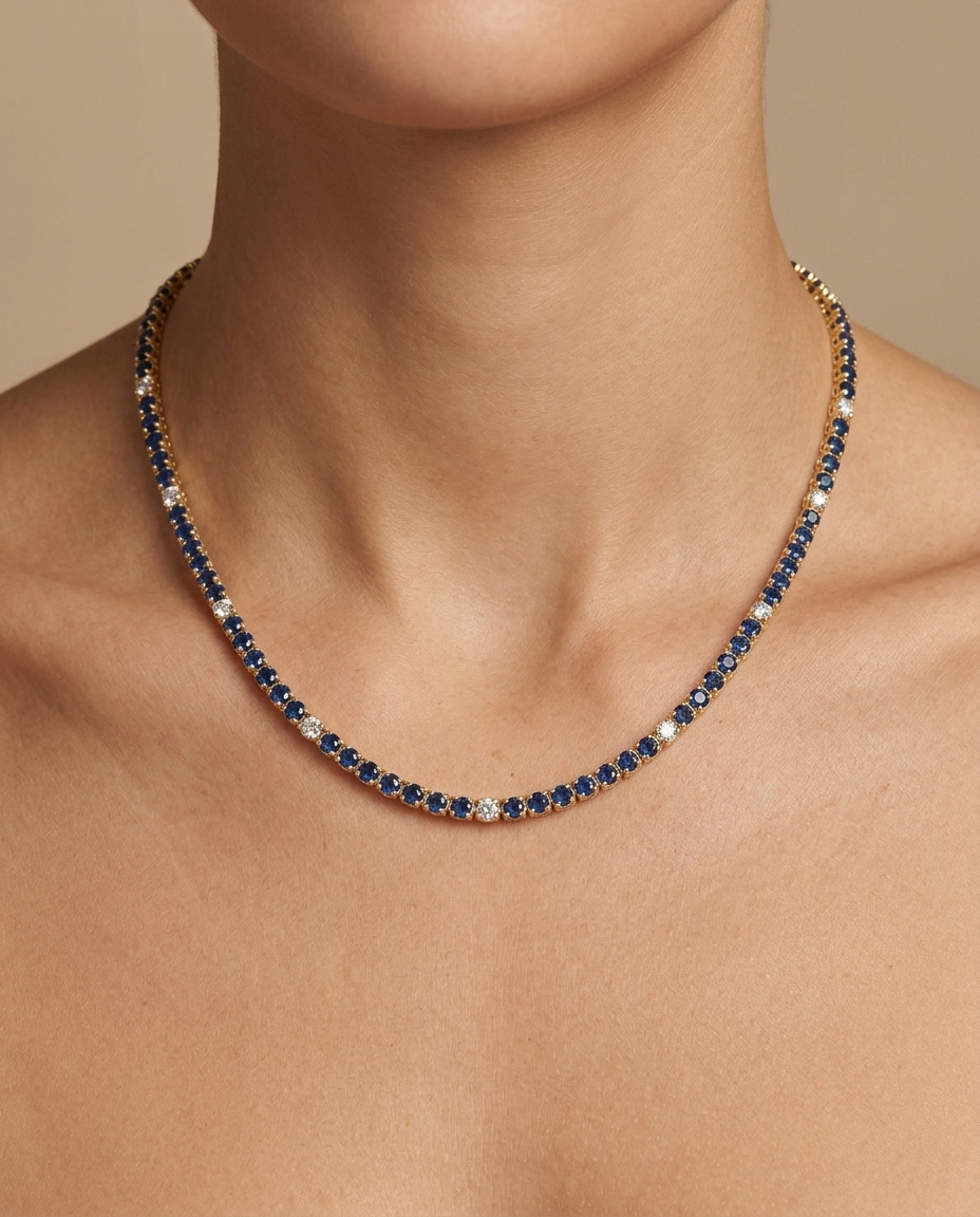 14KT Gold Blue Sapphire and Diamond Tennis Necklace on model