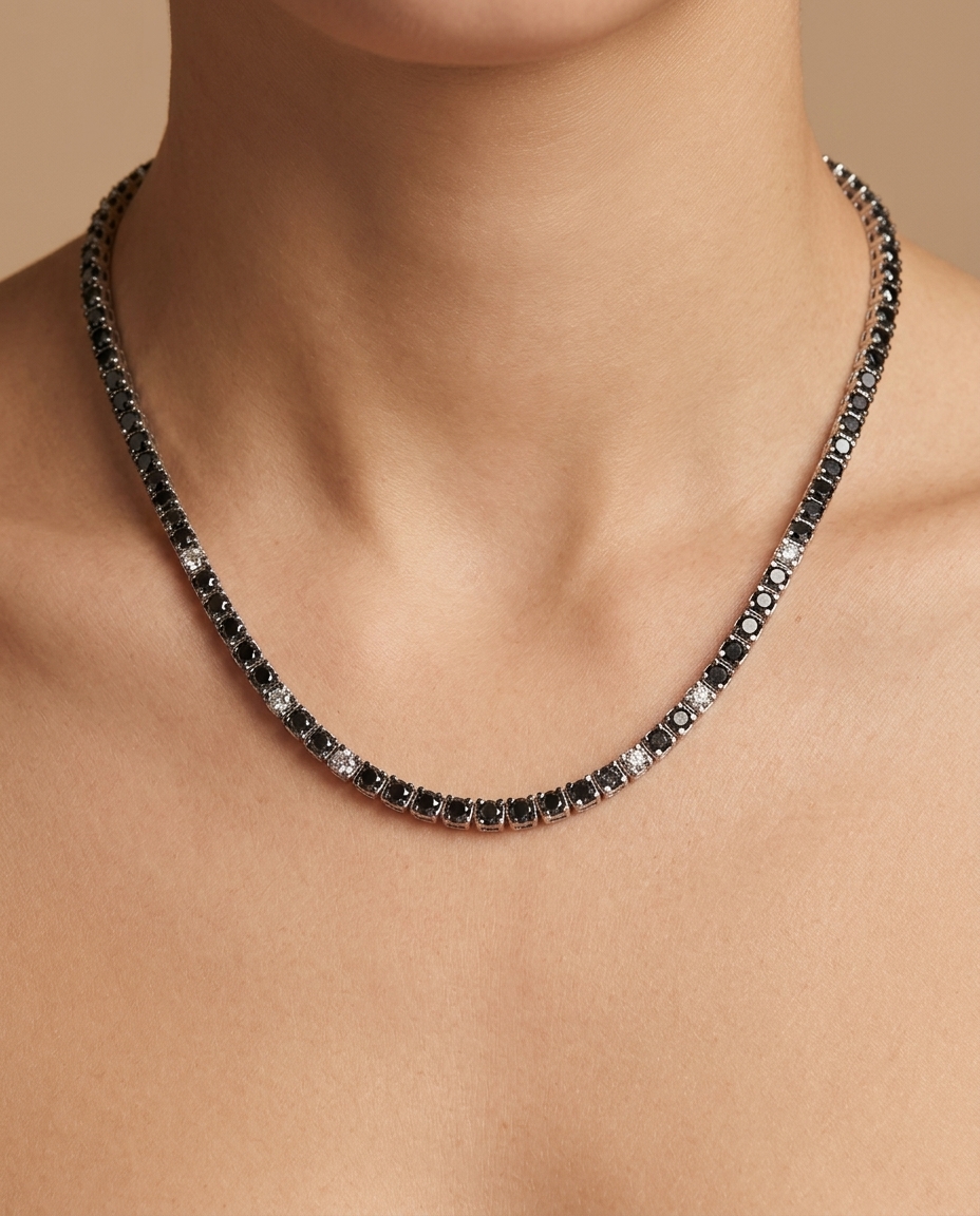 14KT Gold Black Diamond Tennis Necklace 12.00 Cts on model