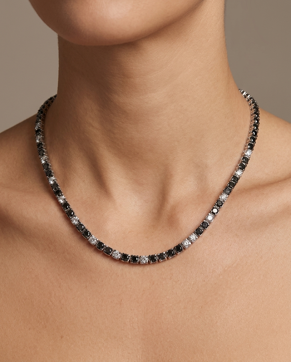 14KT Gold Black Diamond Tennis Necklace 12.00 Cts on model