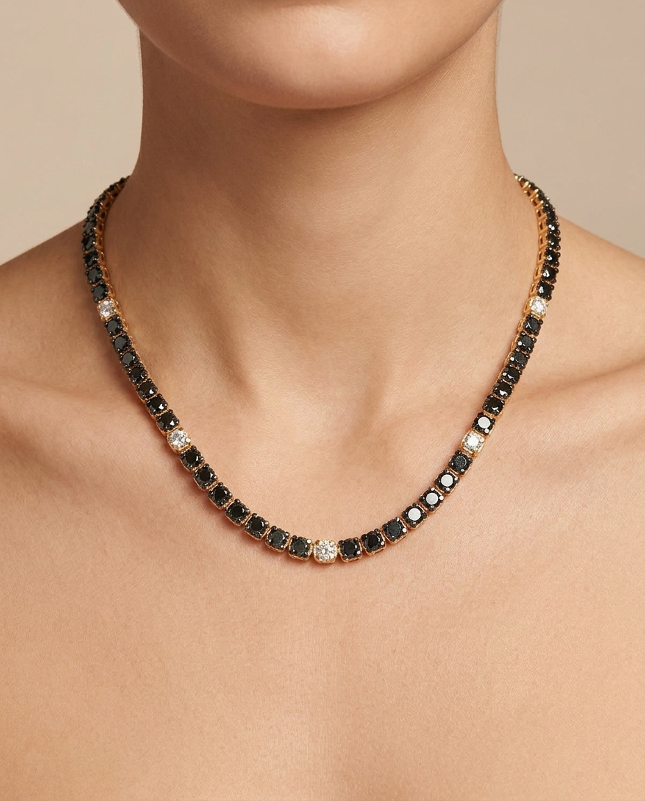 14KT Gold Black and White Diamond Tennis Necklace on model