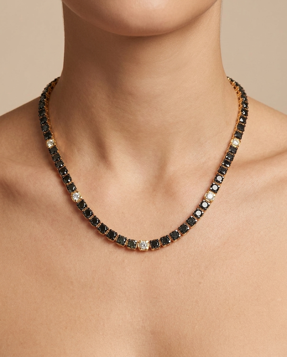 14KT Gold Black and White Diamond Tennis Necklace on model