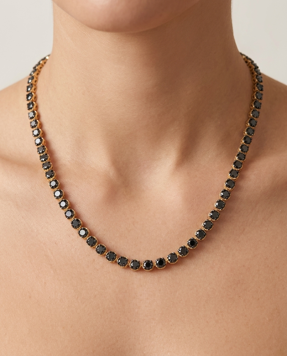 14KT Gold Black Diamond Tennis Necklace on model
