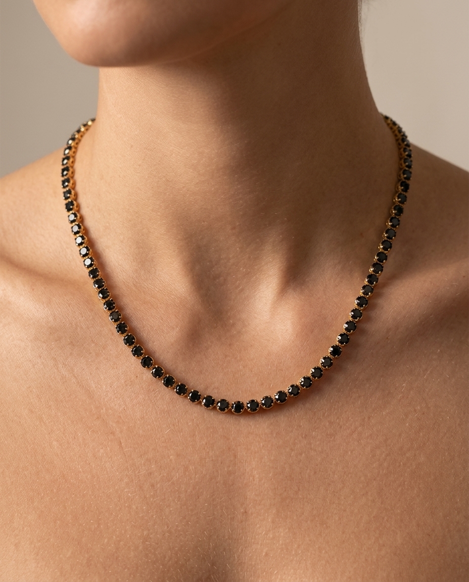 14KT Gold Black Diamond Tennis Necklace on model