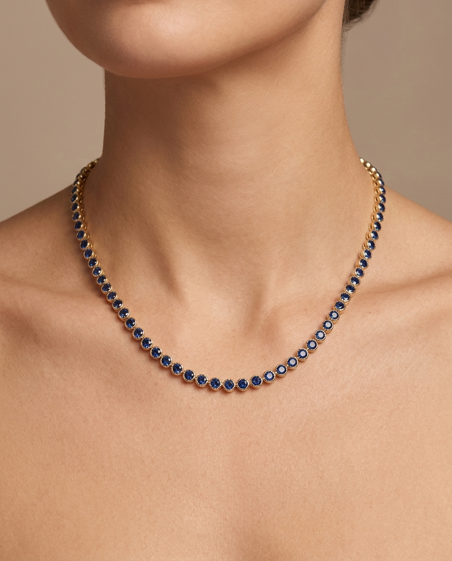 14KT Gold Blue Sapphire Tennis Necklace on model