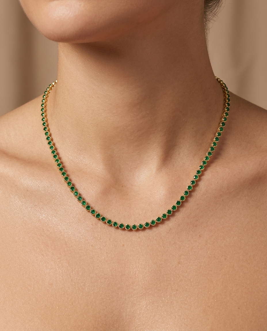 14KT Yellow Gold Emerald Tennis Necklace on model
