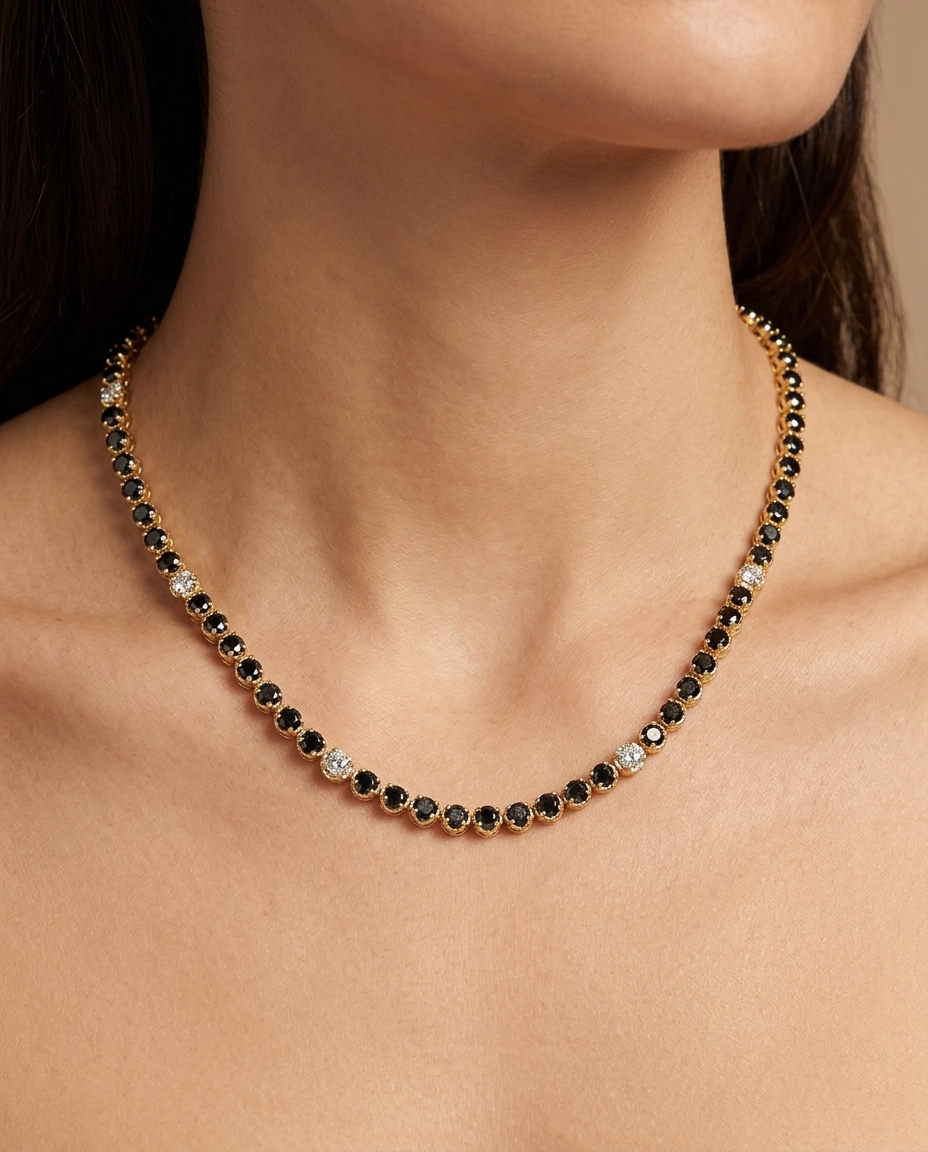 14KT Gold Black Diamond and Diamond Tennis Necklace on model