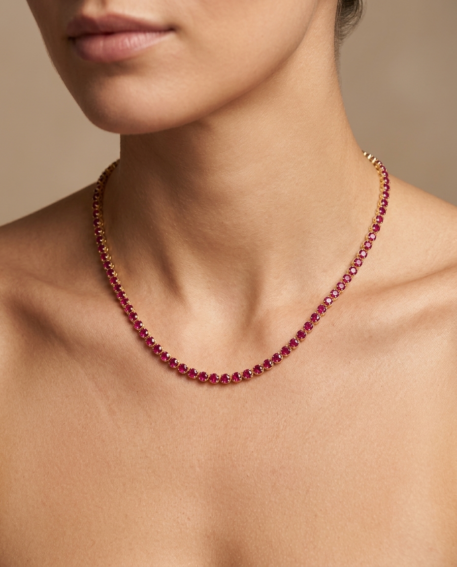 14KT Gold Ruby and Diamond Tennis Necklace (8.00 CTS) on model