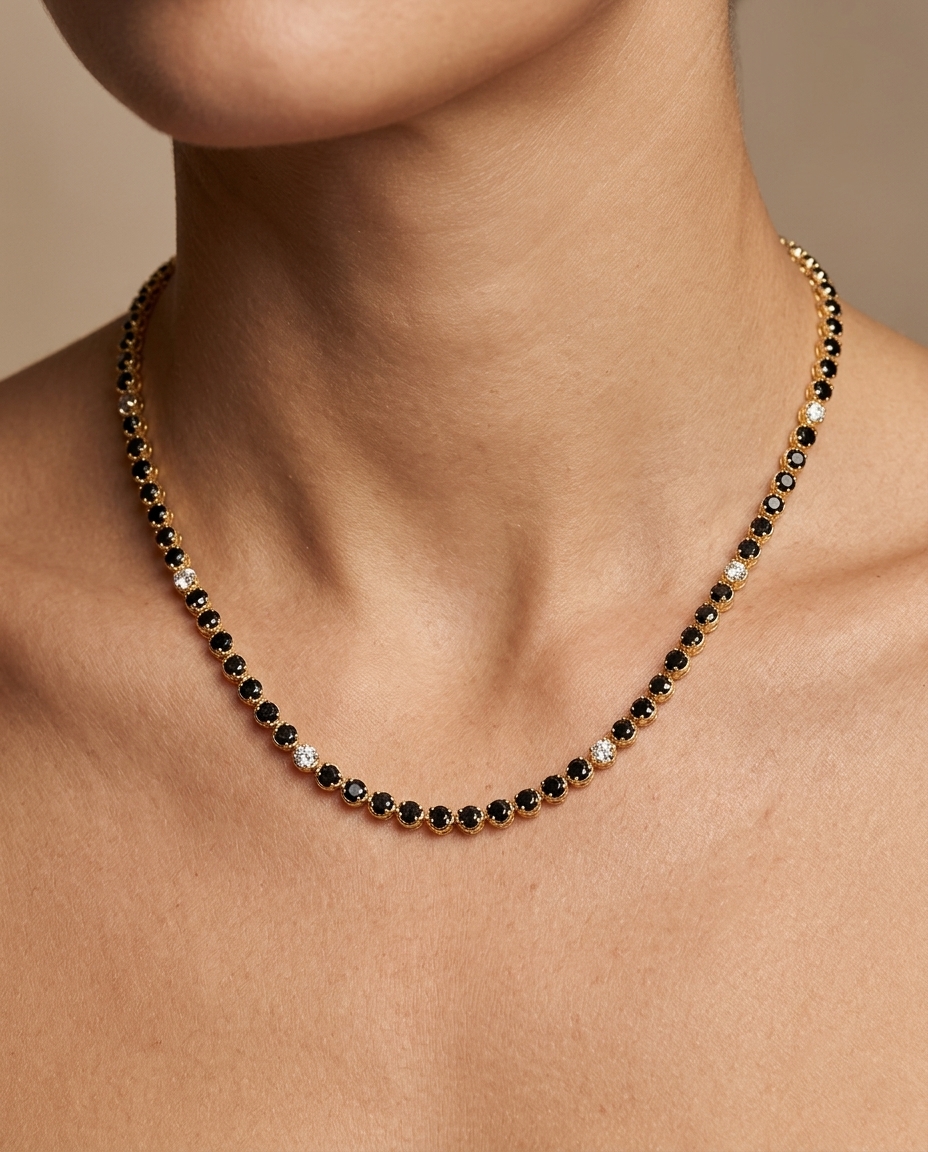 14KT Gold Black Diamond and Diamond Tennis Necklace on model
