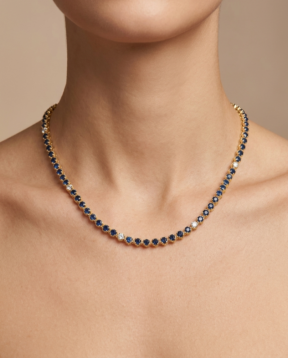 14KT Gold Blue Sapphire and Diamond Tennis Necklace on model