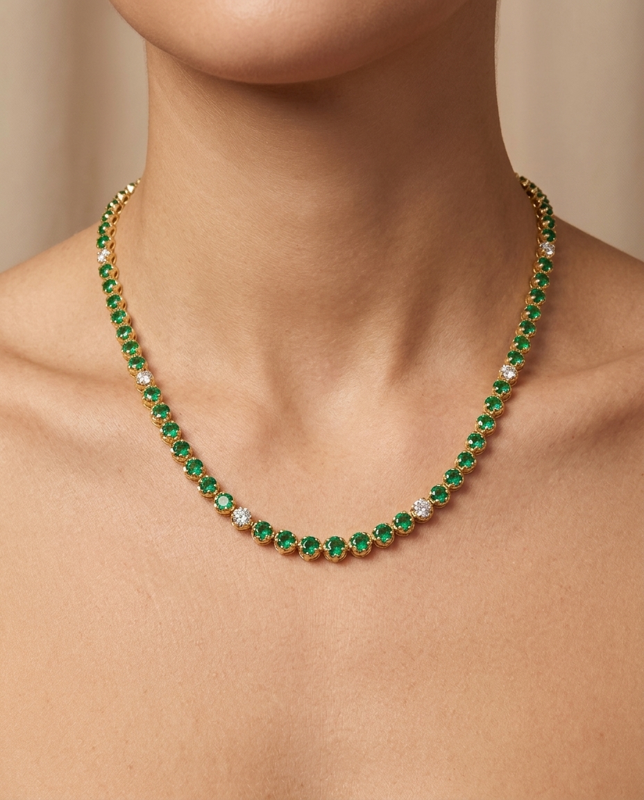 14KT Yellow Gold Emerald and Diamond Tennis Necklace on model