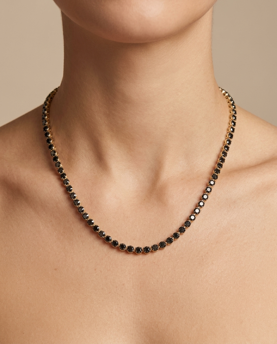 14KT Gold Black Diamond Tennis Necklace on model