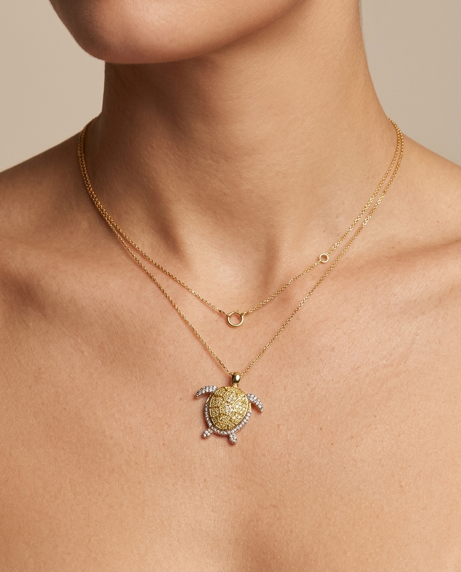 14KT Yellow Gold Brown Diamond Turtle Necklace on model