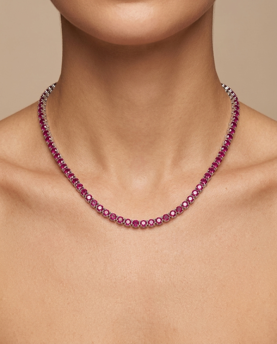 14KT Gold Ruby 4 Prong Tennis Necklace on model