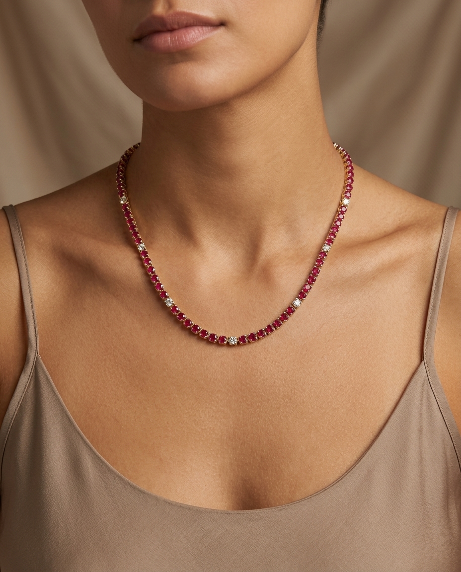 14KT Gold Ruby and Diamond Tennis Necklace (5.00 CTS) on model