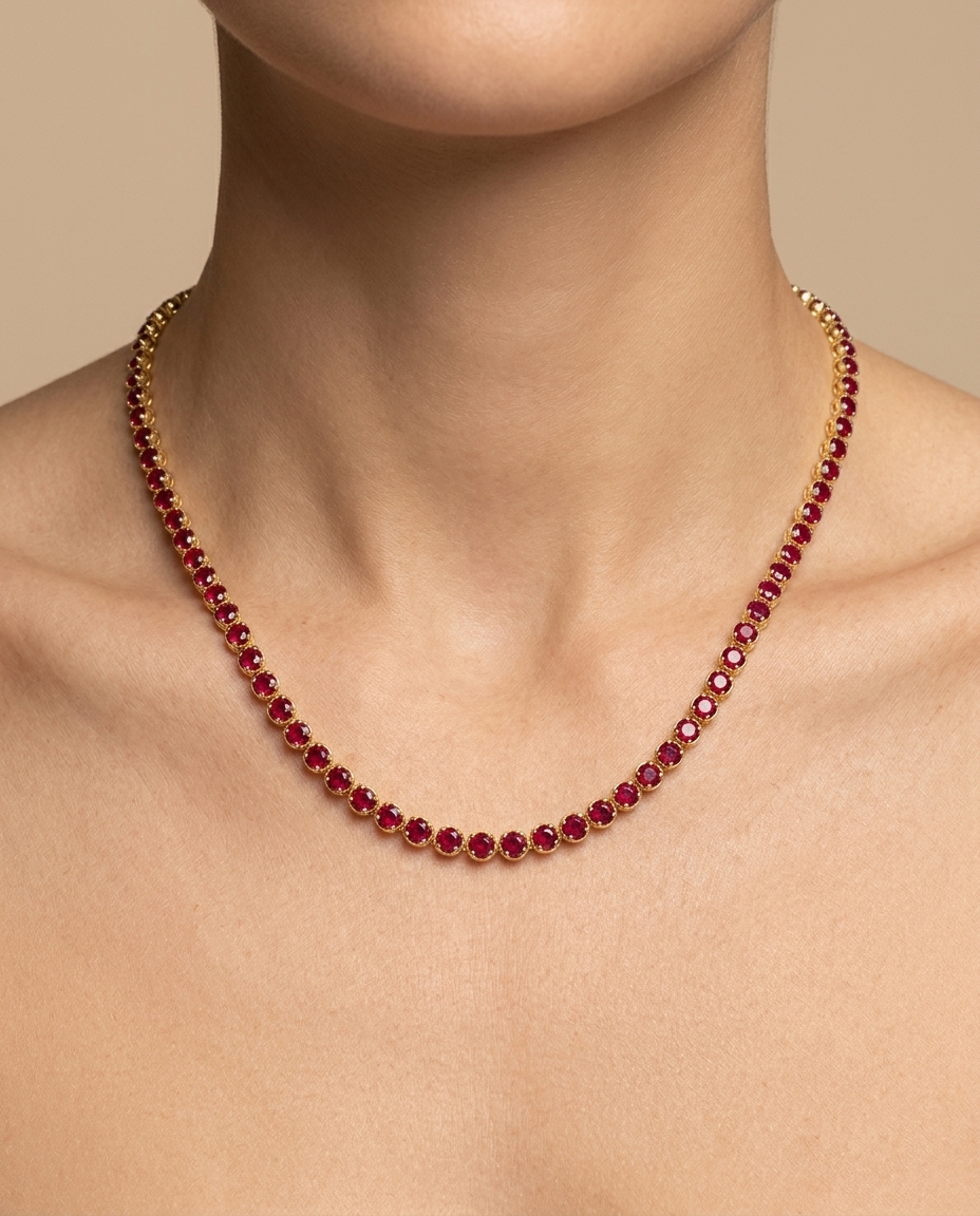 14KT Gold Ruby Tennis Necklace on model