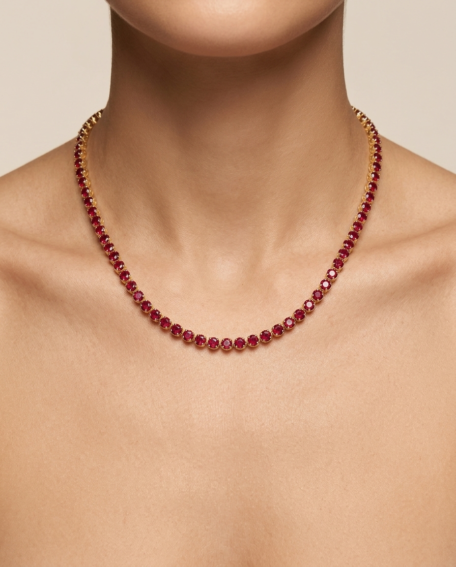 14KT Gold Ruby and Diamond Tennis Necklace (5.00 CTS) on model
