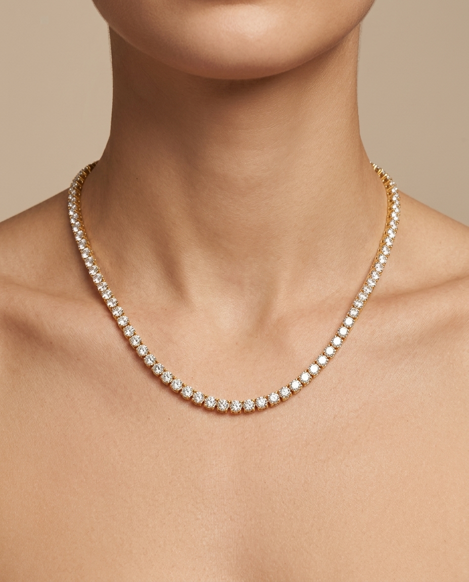14KT Gold Diamond 4 Prong Tennis Necklace (8.00 CTS) on model