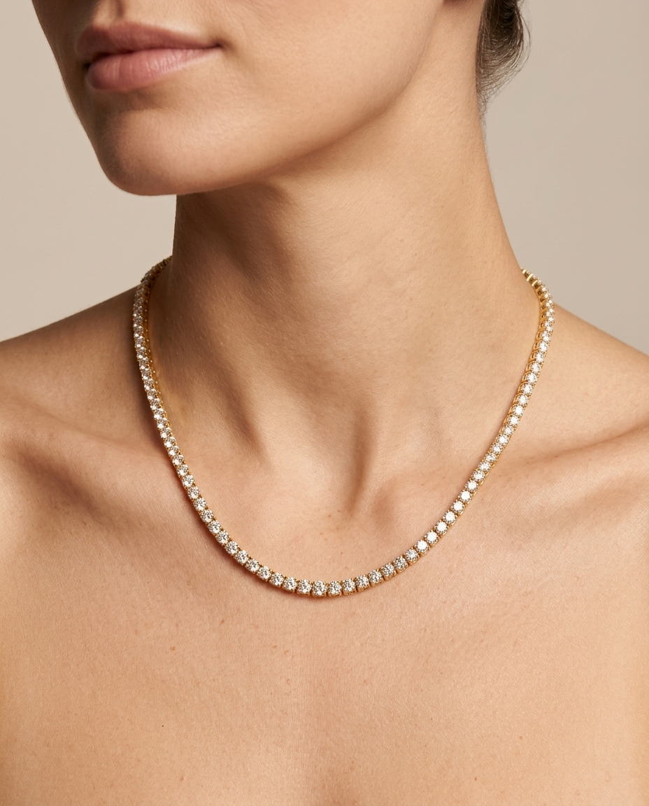 14KT Gold Diamond 4 Prong Tennis Necklace (8.00 CTS) on model